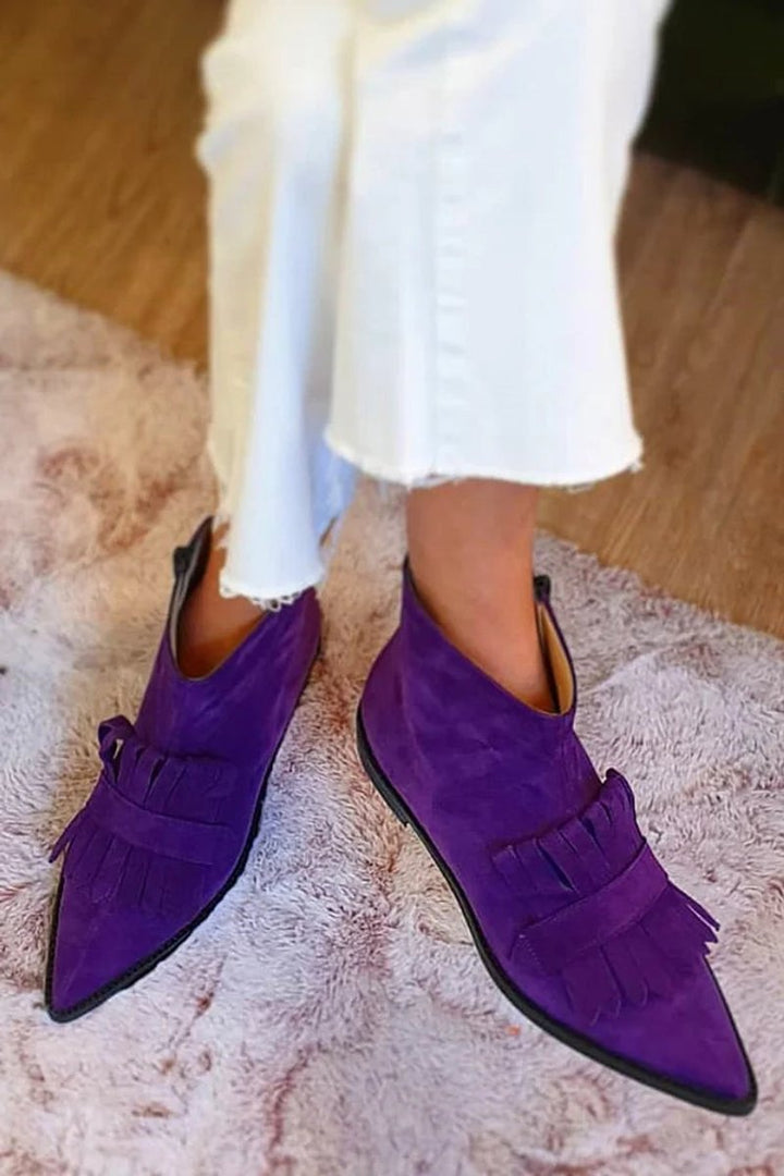 Penelope | Women's Suede Pointed-Toe Fringe Flat Ankle Boots