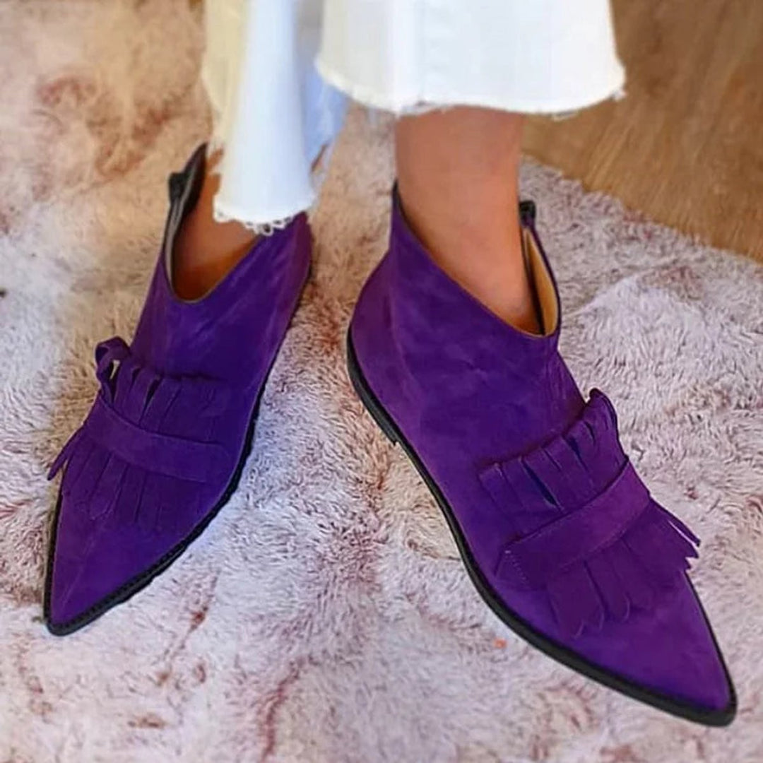 Penelope | Women's Suede Pointed-Toe Fringe Flat Ankle Boots