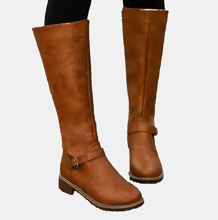 Charlotte | Women's Tall Riding Knee High Boots Buckle Strap Low Heel