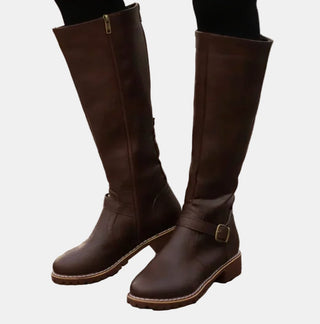 Charlotte | Women's Tall Riding Knee High Boots Buckle Strap Low Heel