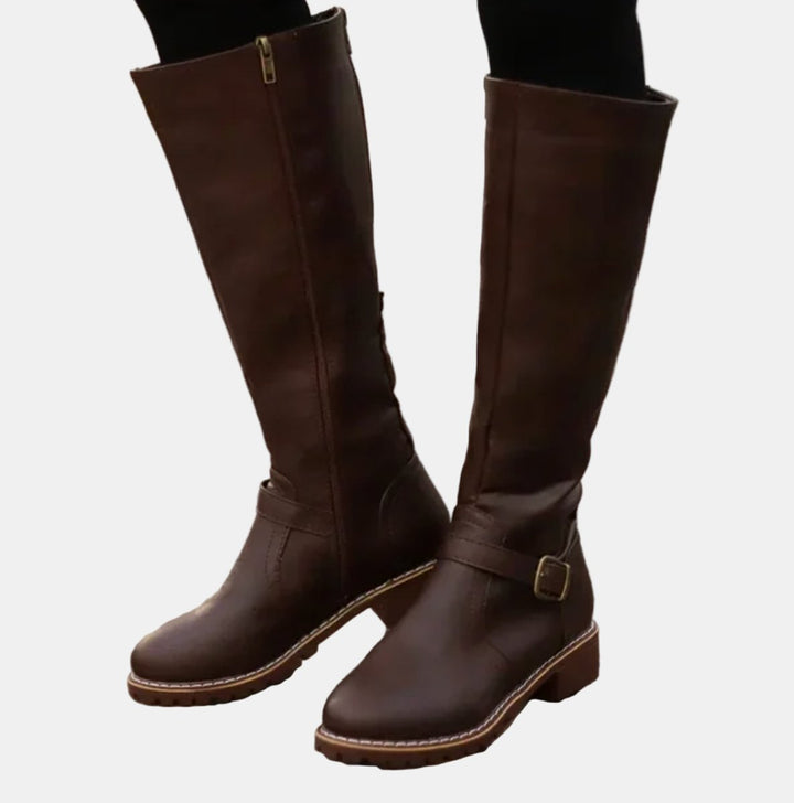 Charlotte | Women's Tall Riding Knee High Boots Buckle Strap Low Heel