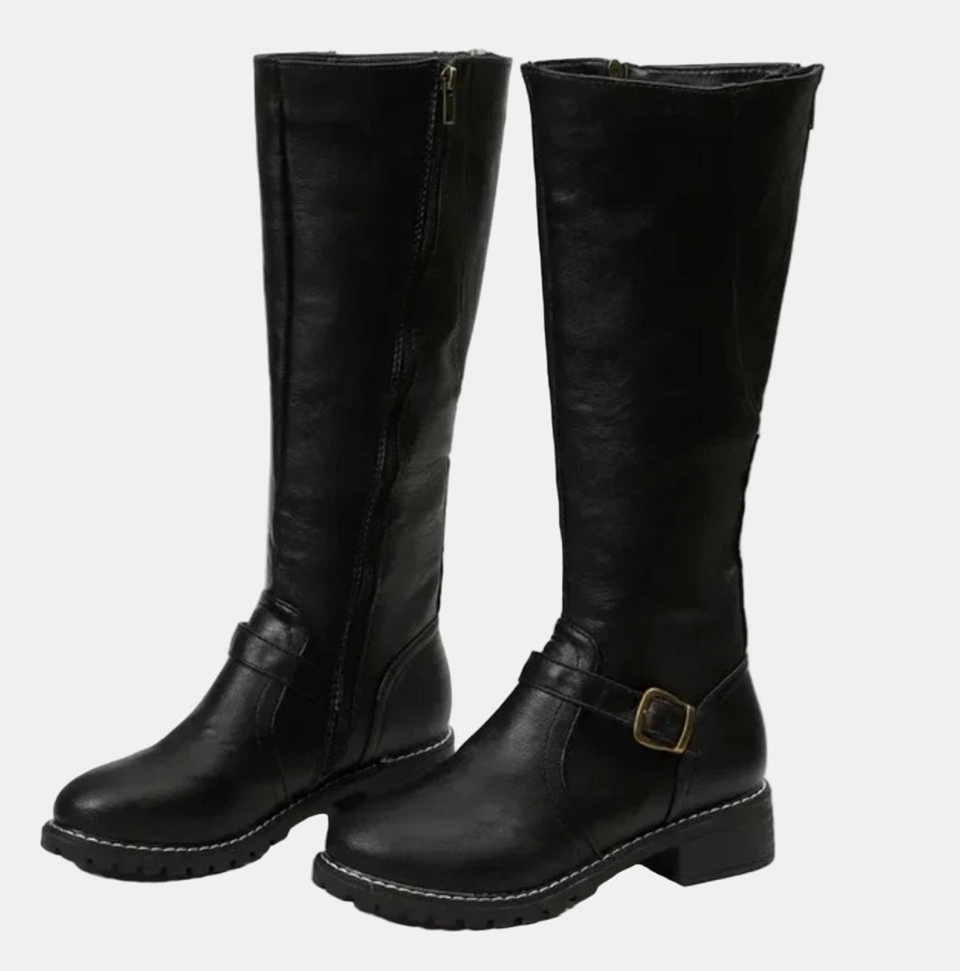 Charlotte | Women's Tall Riding Knee High Boots Buckle Strap Low Heel