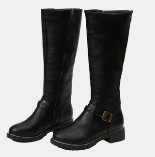 Charlotte | Women's Tall Riding Knee High Boots Buckle Strap Low Heel