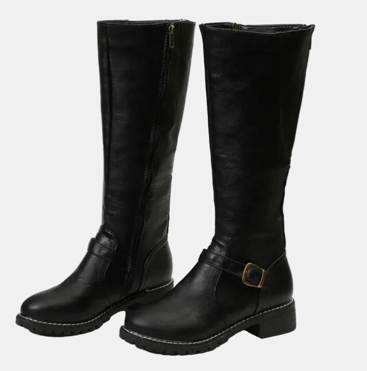 Charlotte | Women's Tall Riding Knee High Boots Buckle Strap Low Heel