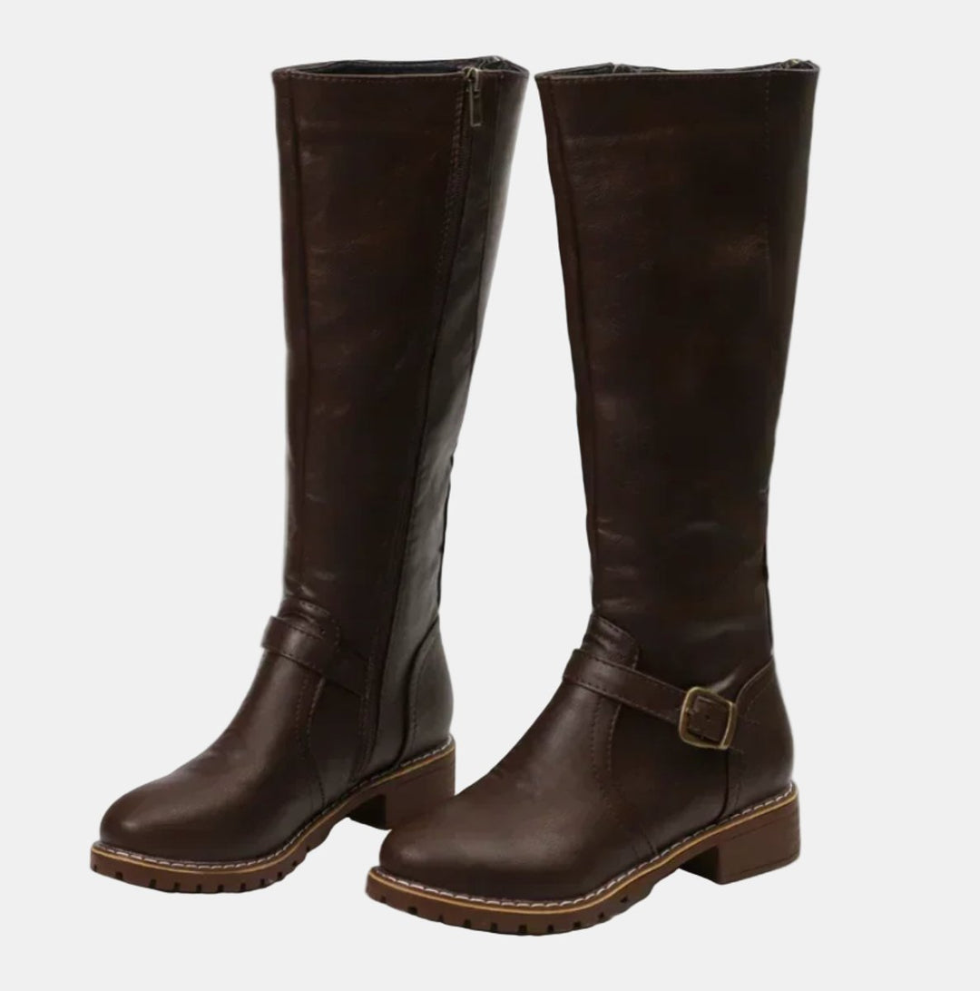 Charlotte | Women's Tall Riding Knee High Boots Buckle Strap Low Heel