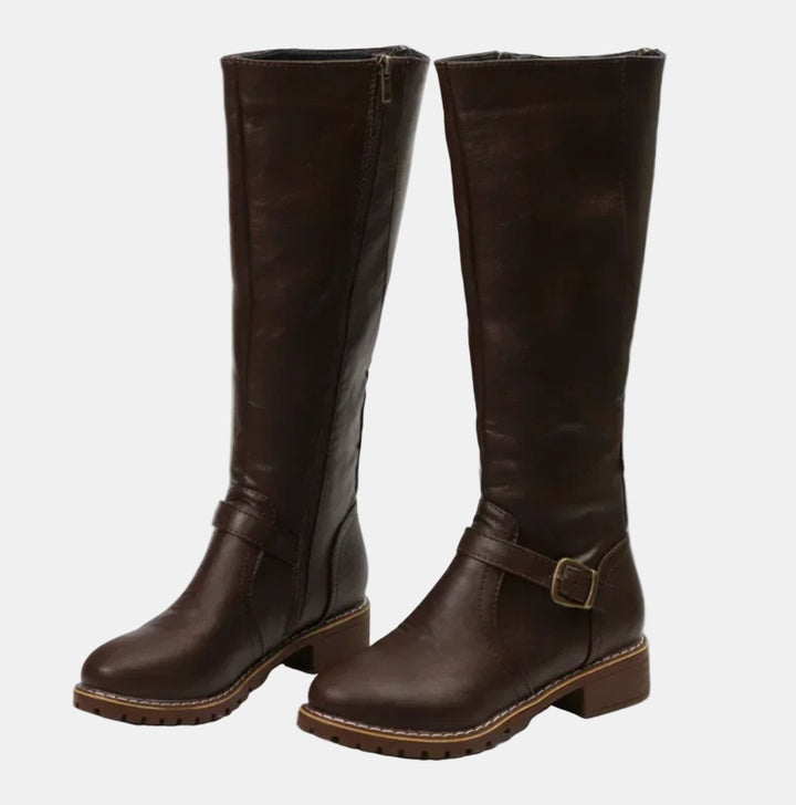 Charlotte | Women's Tall Riding Knee High Boots Buckle Strap Low Heel