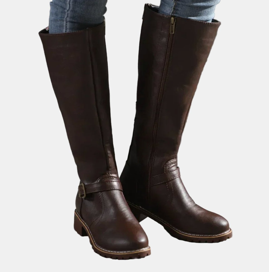 Charlotte | Women's Tall Riding Knee High Boots Buckle Strap Low Heel