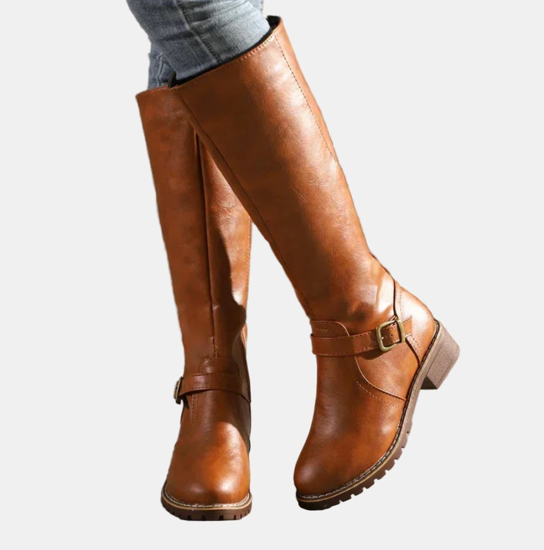Charlotte | Women's Tall Riding Knee High Boots Buckle Strap Low Heel
