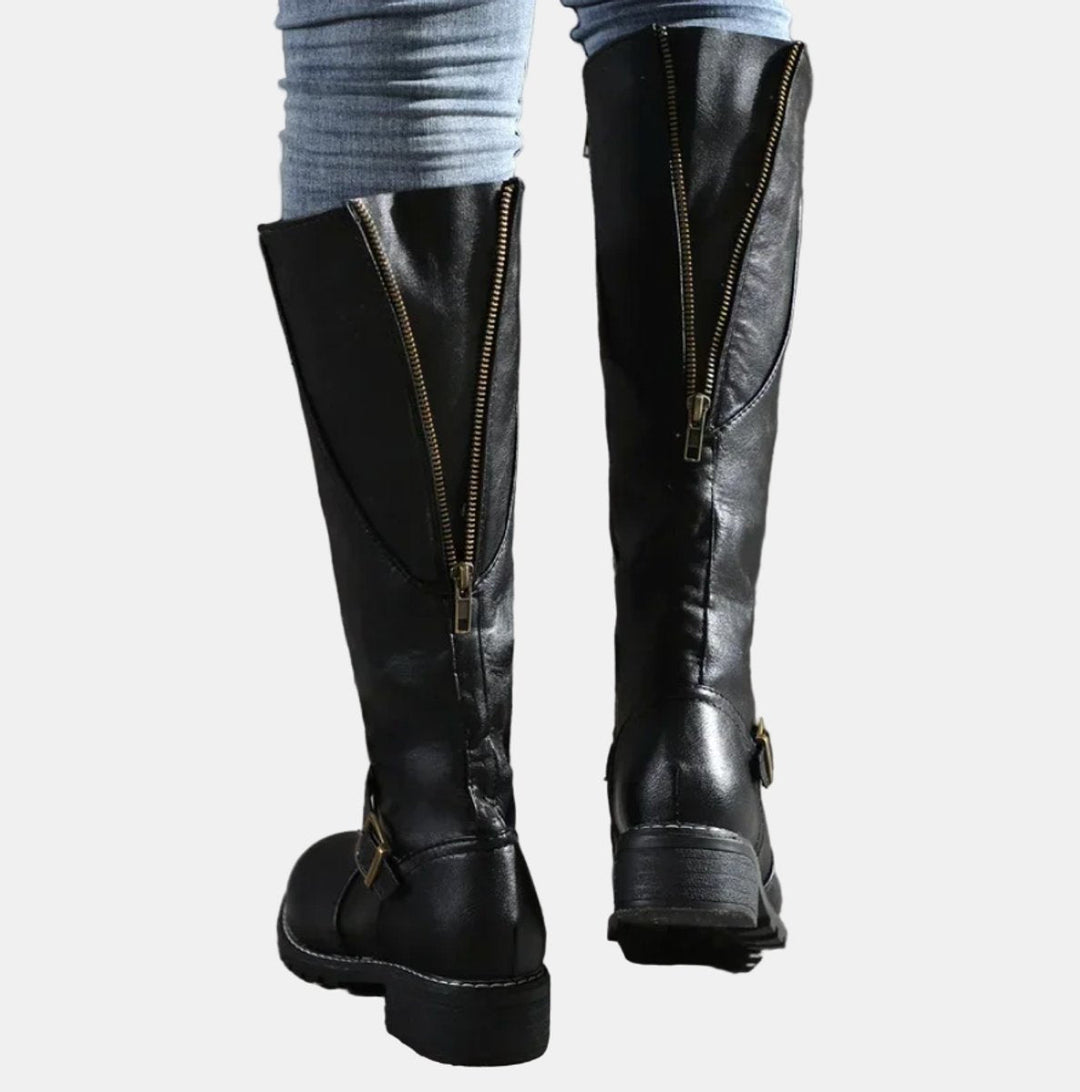Charlotte | Women's Tall Riding Knee High Boots Buckle Strap Low Heel