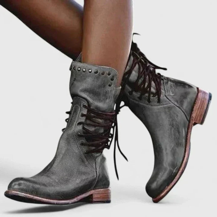 Layla | Women's Vintage Lace-Up Studded Knee High Boots Block Heel