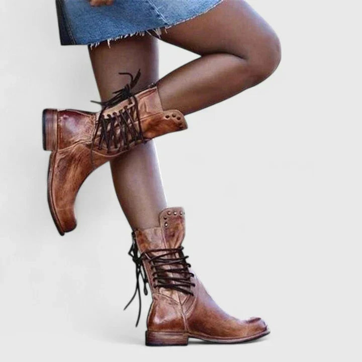 Layla | Women's Vintage Lace-Up Studded Knee High Boots Block Heel