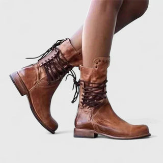 Layla | Women's Vintage Lace-Up Studded Knee High Boots Block Heel