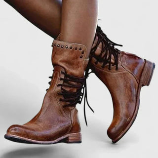 Layla | Women's Vintage Lace-Up Studded Knee High Boots Block Heel