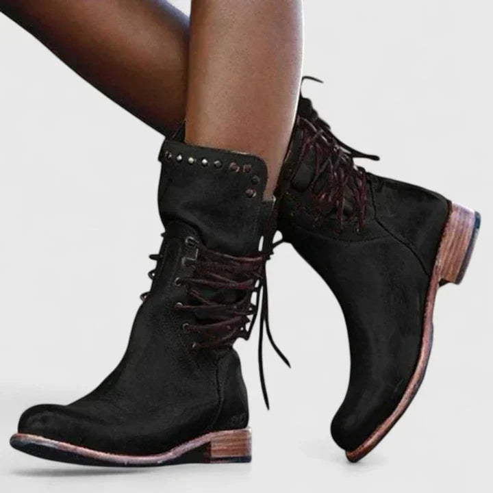 Layla | Women's Vintage Lace-Up Studded Knee High Boots Block Heel